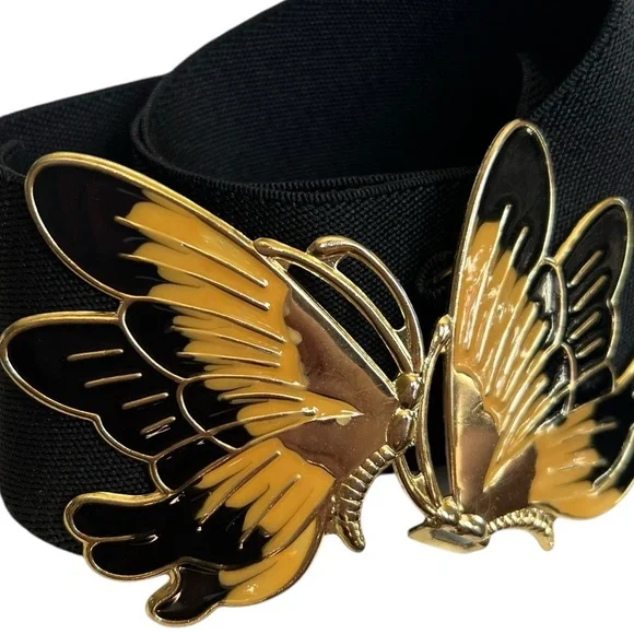 Vintage Black Gold Butterfly Wide Stretch Statement Belt Retro - Picture 2 of 6